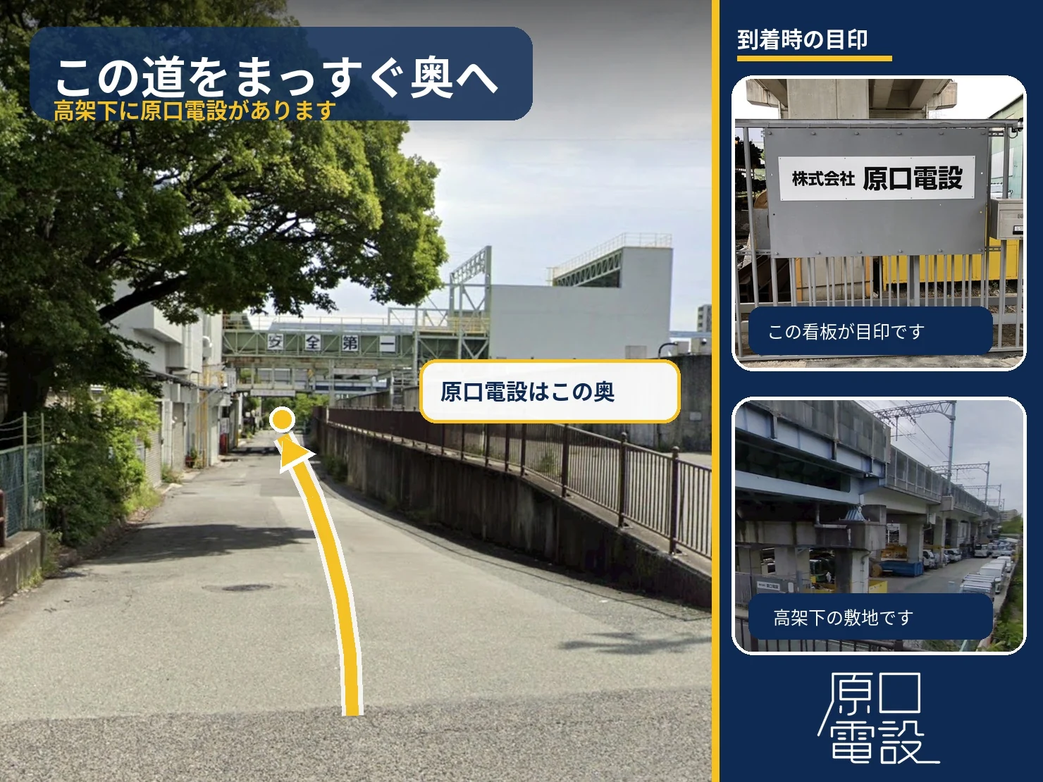 下の道をまっすぐ奥へ進むと、高架下に原口電設があります。入口の株式会社原口電設の看板が目印です。